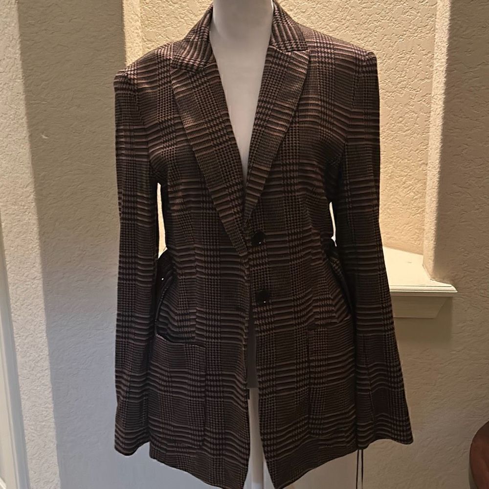 Marc Cain Women's Size N3 Belted Peacoat Black Brown Herringbone Plaid New